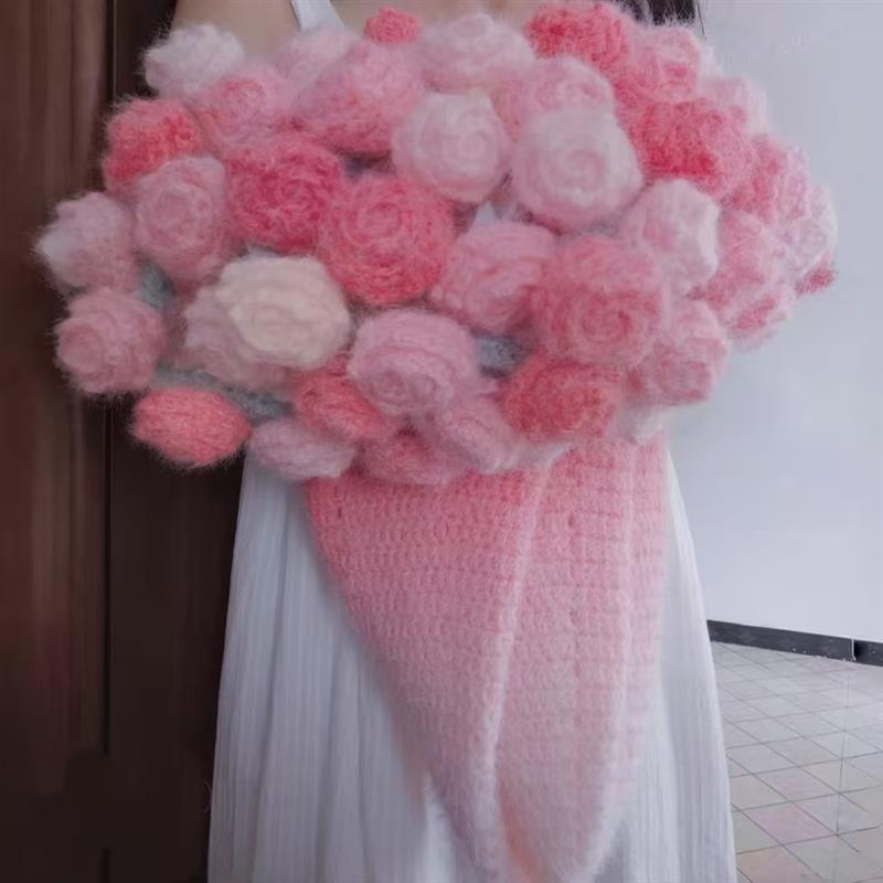 新款玫瑰花束毯子编织材料包diy手工毛毯钩针钩织长绒毛线铃兰花