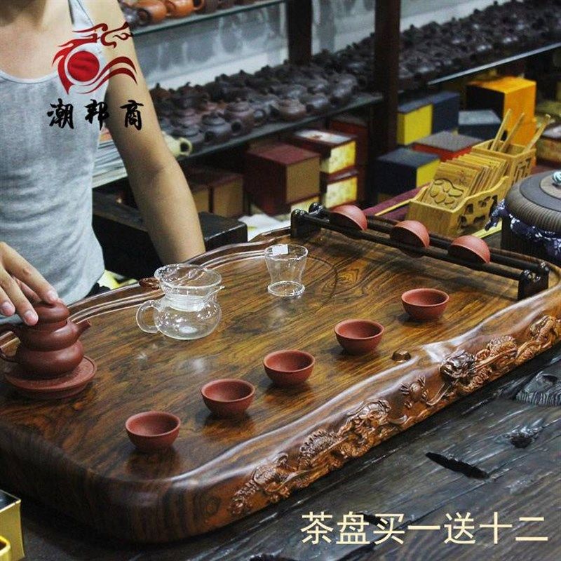 黑檀木整块实木茶盘大号加厚花梨木功夫茶具茶海简约家用排水茶台