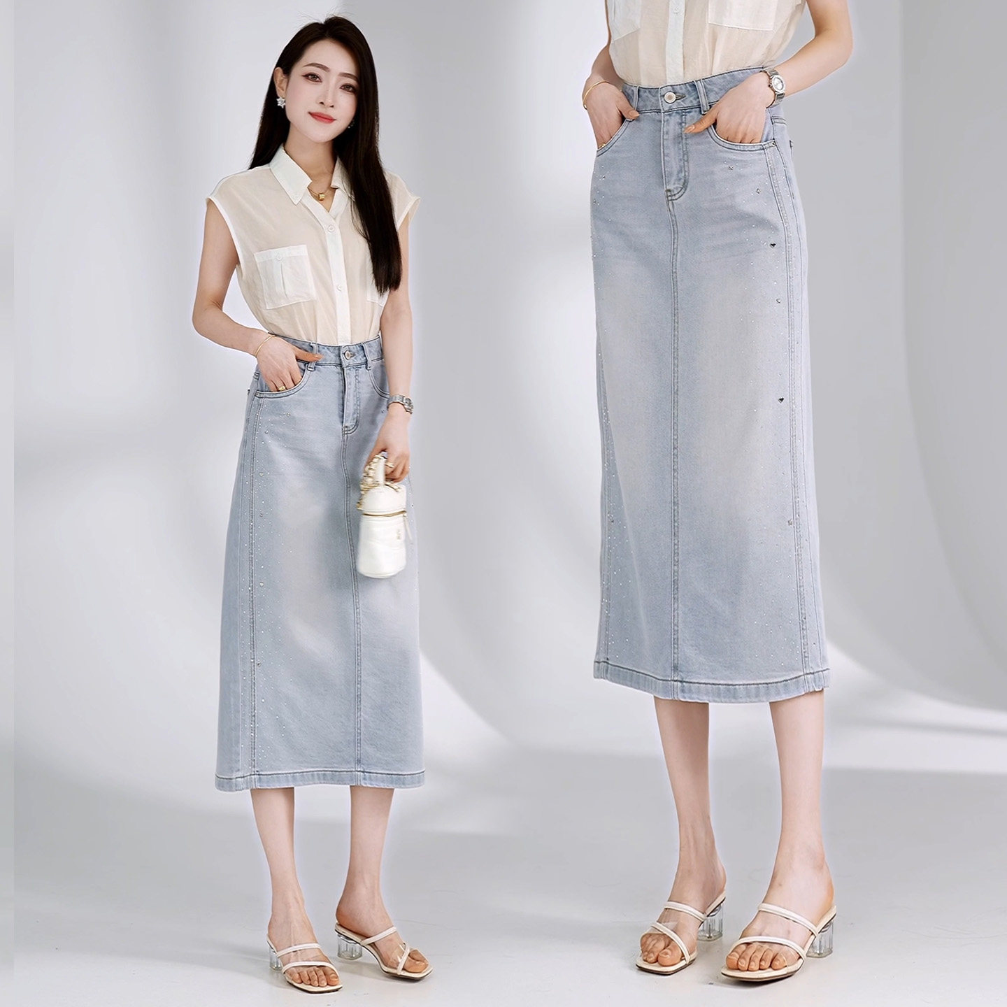 今年流行浅蓝色烫钻牛仔半身裙女2026夏季新款包臀开叉中长款裙子