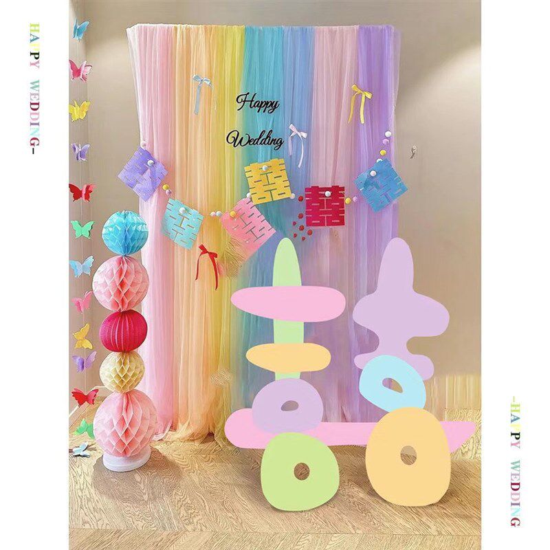 多巴胺纱幔彩色背景墙订婚结婚礼生日装饰拍照店内布置纱网帷幔布