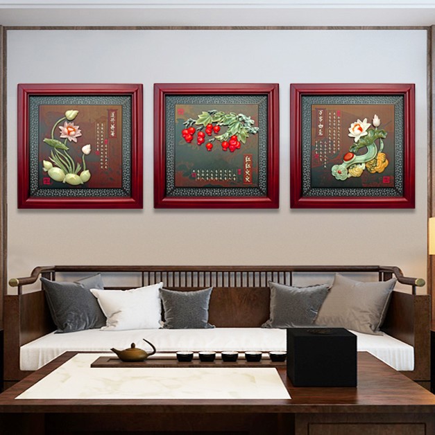 中国风客厅装饰画沙发背景墙木雕挂画过道玄关三联新中式玉雕壁画