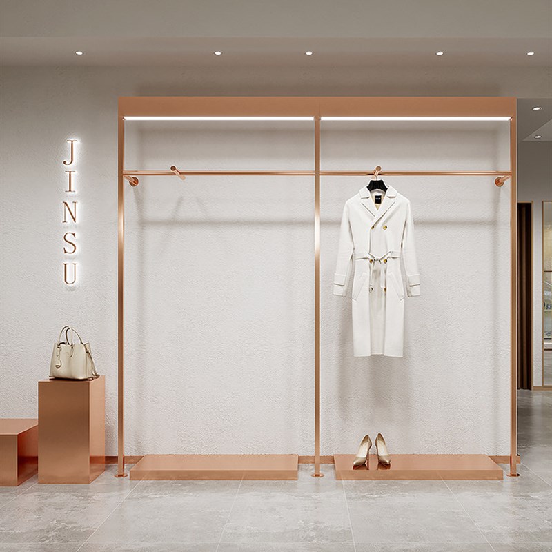 服装店展示架不锈钢玫瑰金立柱上墙壁挂女装店挂衣服架子陈列货架