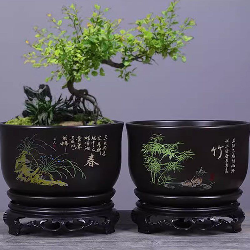 花盆陶瓷带底座古风砂釉透气盆景盆栽兰花专用吊兰室内文竹盆清仓