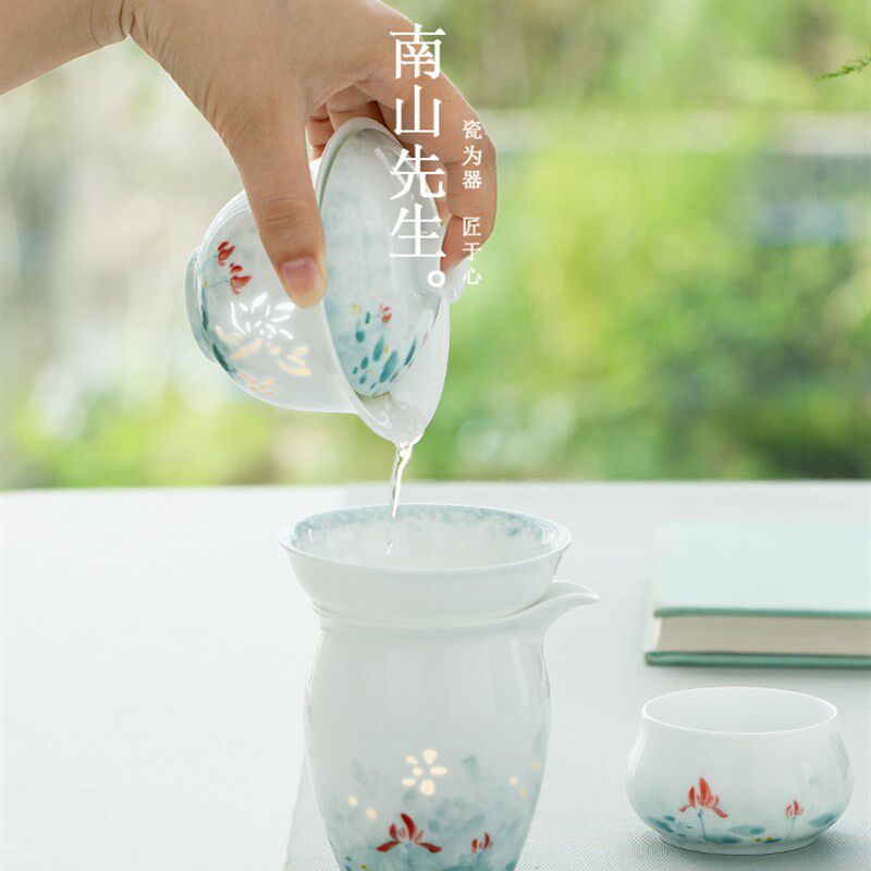 南山先生手绘玉莲白瓷盖碗家用高档精致瓷功夫茶具茶碗茶杯礼品