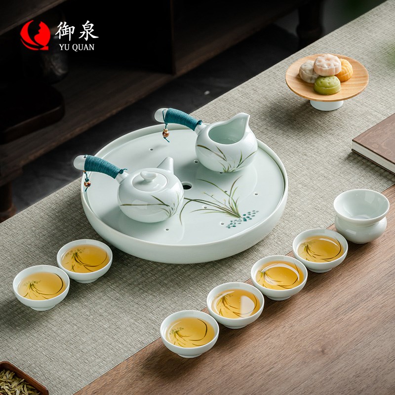 御泉筠雾功夫茶具套装家用轻奢高档侧把壶茶杯陶瓷储水式茶盘整套