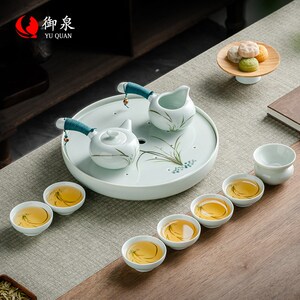 御泉筠雾功夫茶具套装家用轻奢高档侧把壶茶杯陶瓷储水式茶盘整套