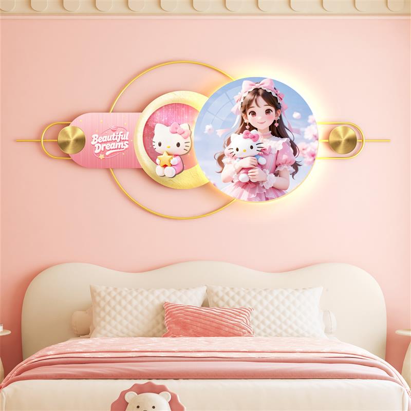 儿童房床头装饰画女孩卧室背景墙挂画公主房间LED灯壁画2025新款
