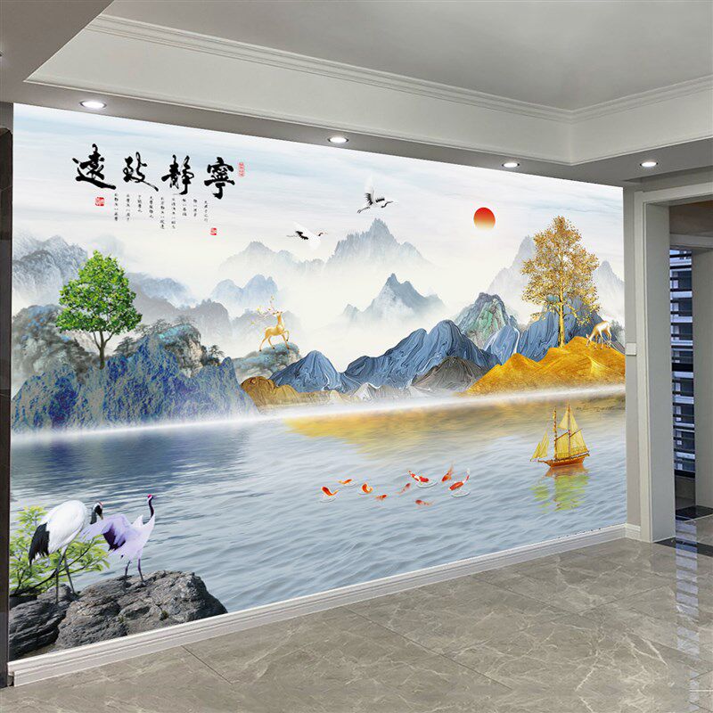 2023新中式沙发电视背景墙纸山水壁画壁纸8D壁布轻奢墙布客厅装饰