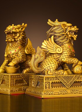 纯黄铜麒麟摆件一对财富麒麟八卦麒麟方底公司客厅办公室装饰工艺