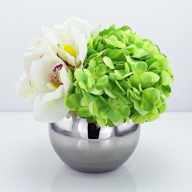 样板间花艺摆件银色电镀花瓶插花绣球花束假花售楼处部仿真花套装