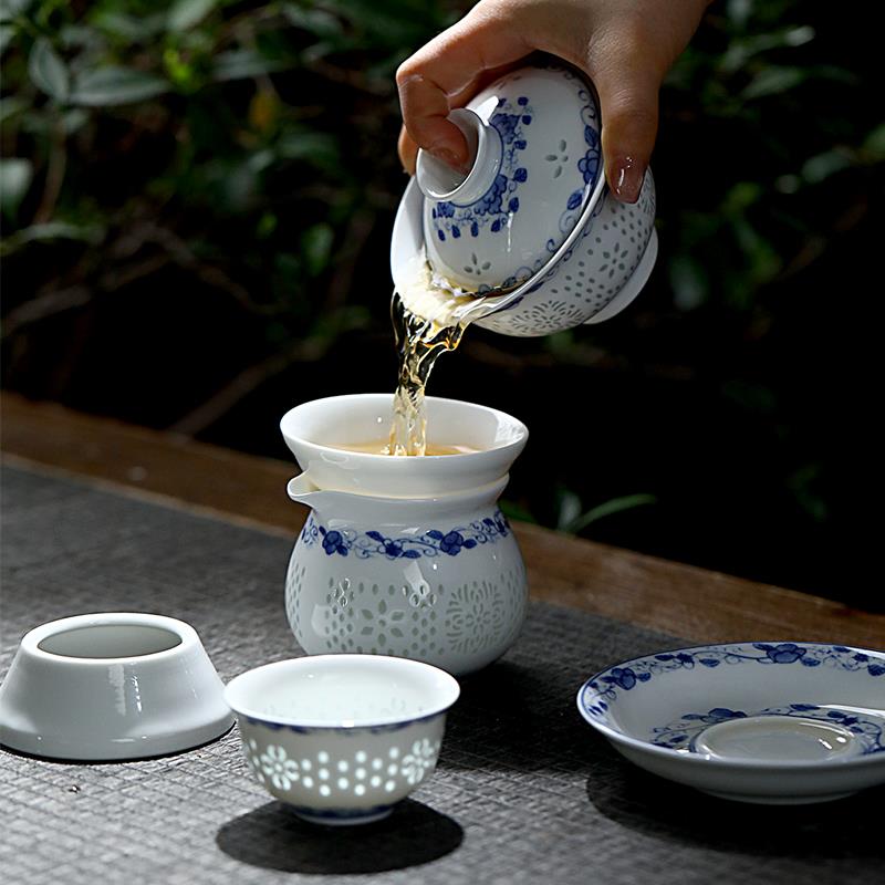 景德镇青花玲珑茶具套装手工镂空陶瓷功夫茶具一整套高档送礼盒装