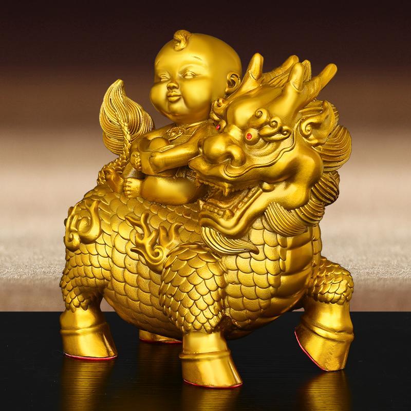 纯黄铜麒麟送子摆件一对求子得子送子麒麟男女祈福风水吉祥摆件铜