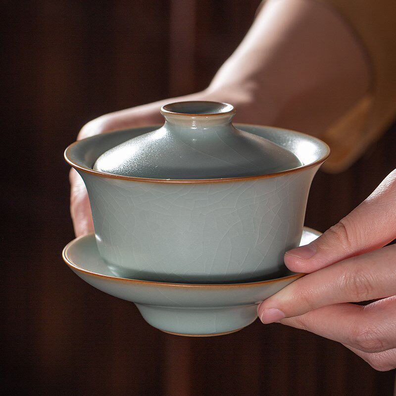 问鼎汝窑三才盖碗茶杯单个高档泡茶碗景德镇青瓷陶瓷茶具礼盒装