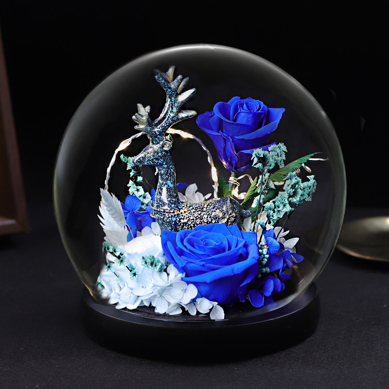 永生花蓝色妖姬干花蓝玫瑰礼盒玻璃罩花束真花女友送男友生日礼物