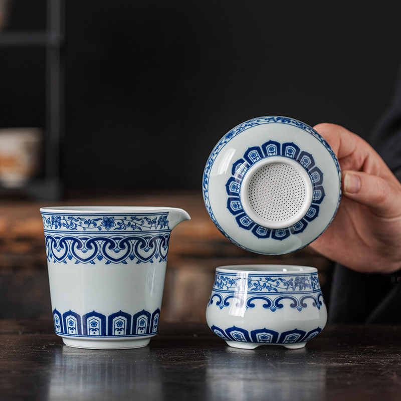 青花瓷茶漏景德镇全瓷过滤网细密茶隔陶瓷功夫茶具茶漏一体公道杯