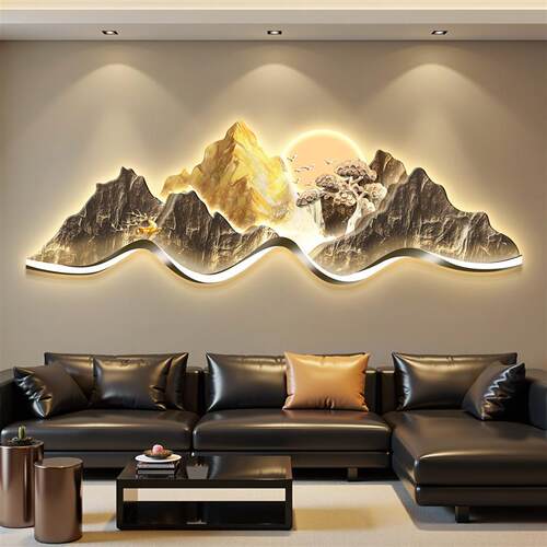 轻奢led带灯客厅装饰画沙发背景墙挂画壁画简约现代高级感山水画