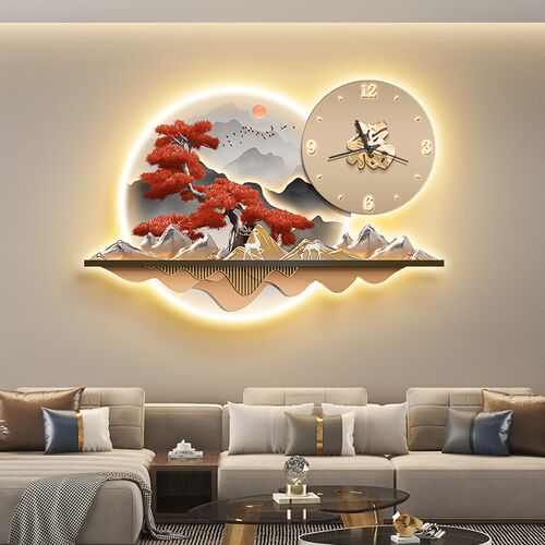 迎客松餐厅装饰画带钟表新中式背有靠山吃饭厅挂画福字客厅壁画灯