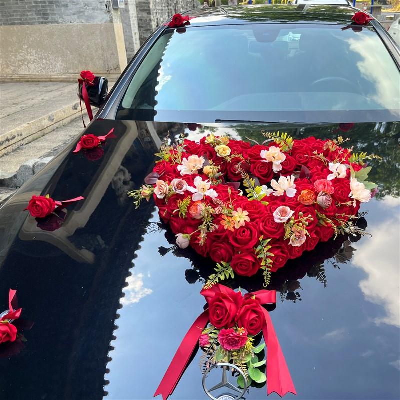 新品复古红主婚车装饰车头花套装仿真花婚车队拉花简约高级大气