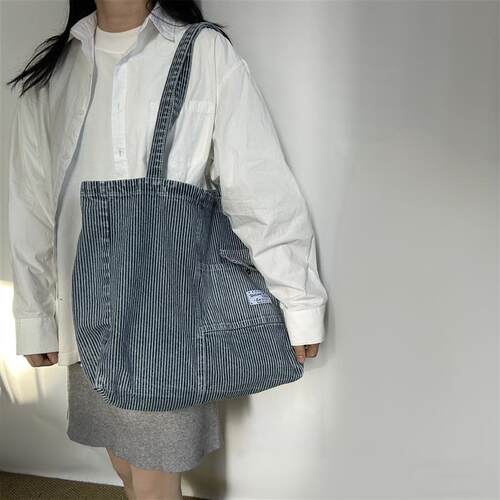 OK原创做旧单肩牛仔包男女生水洗复古条纹大容量通勤敞口帆布包袋