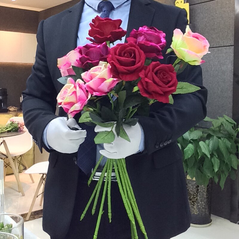 仿真玫瑰花束单枝婚庆新娘花摄影道具绒布假花干花艺客厅插花摆设