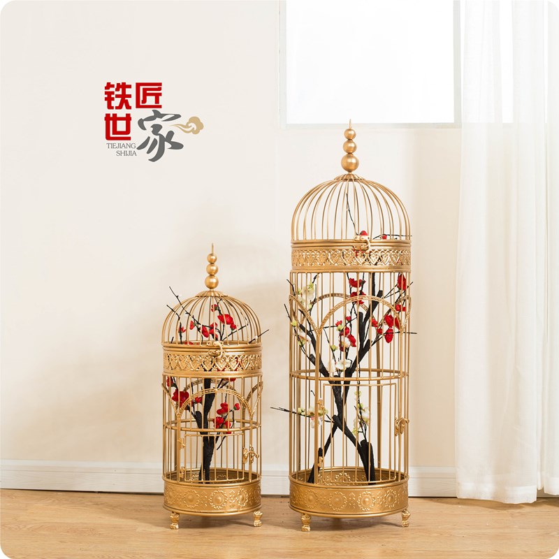 欧式装饰铁艺鸟笼 金色多尺寸金属宠物饲养笼具 橱窗花艺软装设计