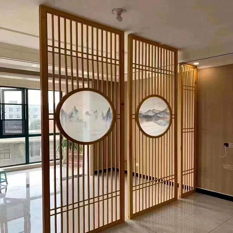 东阳木雕屏风入户实木玄关隔断背景墙简约卧室中式镂空花格格栅