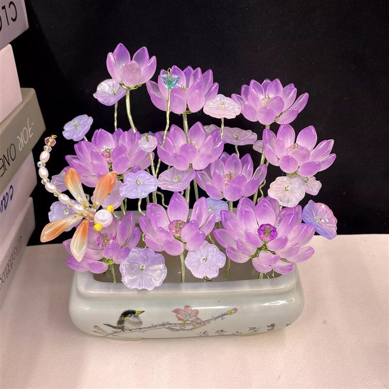 精致琉璃荷花盆栽】仿真花假花莲花观音佛供花高档桌面摆件简约
