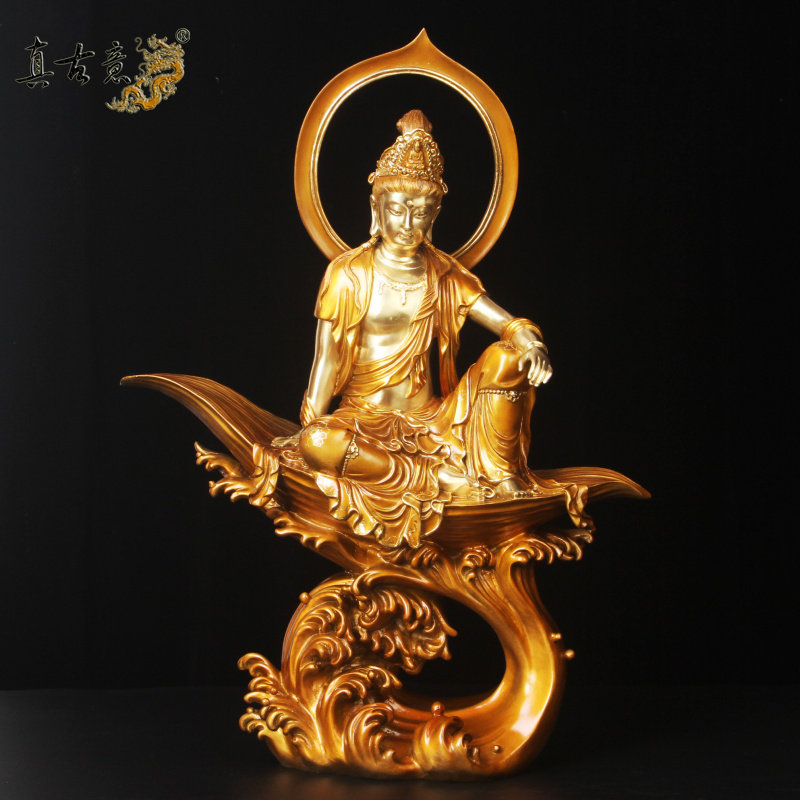 真古意黄铜观音菩萨佛像摆件观世音菩萨铜像自在观音家居供奉工艺