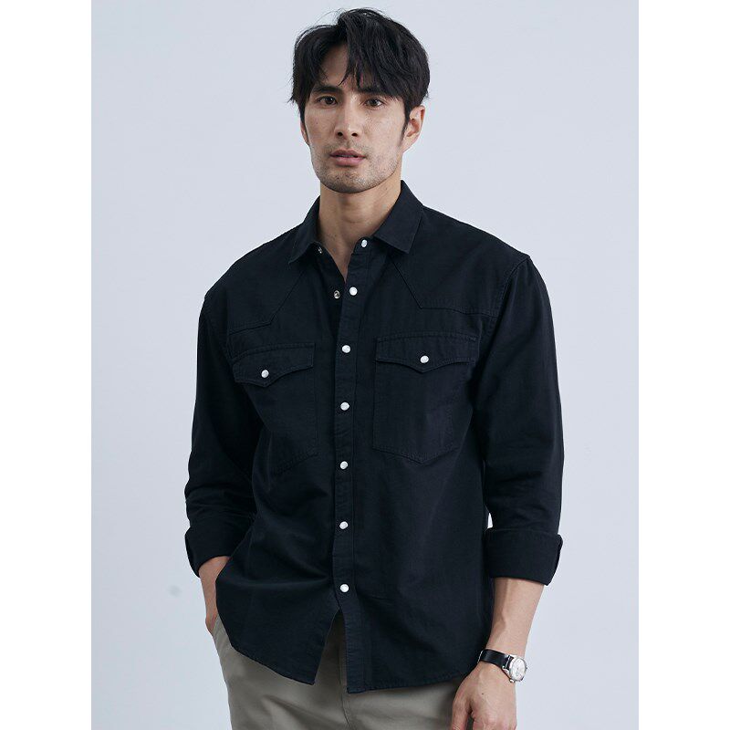 设计感男士纯棉衬衣复古按扣黑色休闲衬衫百搭商务长袖外套男潮