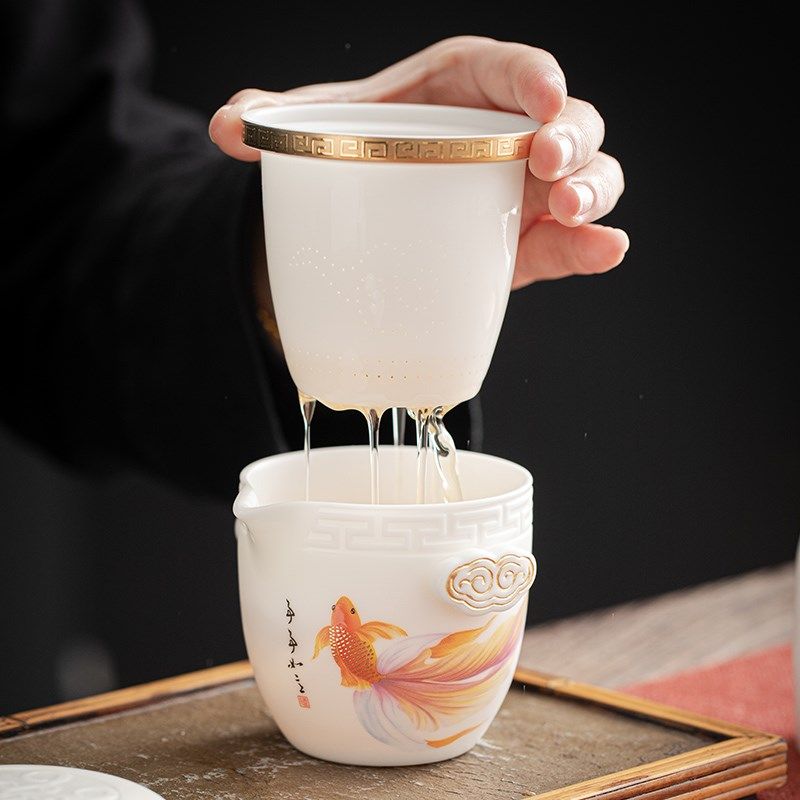 唐舍中国风金鱼旅行茶具套装羊脂玉瓷白瓷快客杯便携式茶叶罐陶瓷