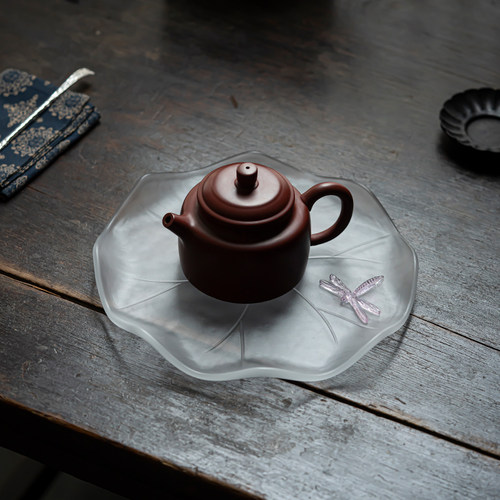 草木祠 琉璃蜻蜓壶承 日式水晶玻璃圆小茶盘茶台干泡盘禅意壶托盘
