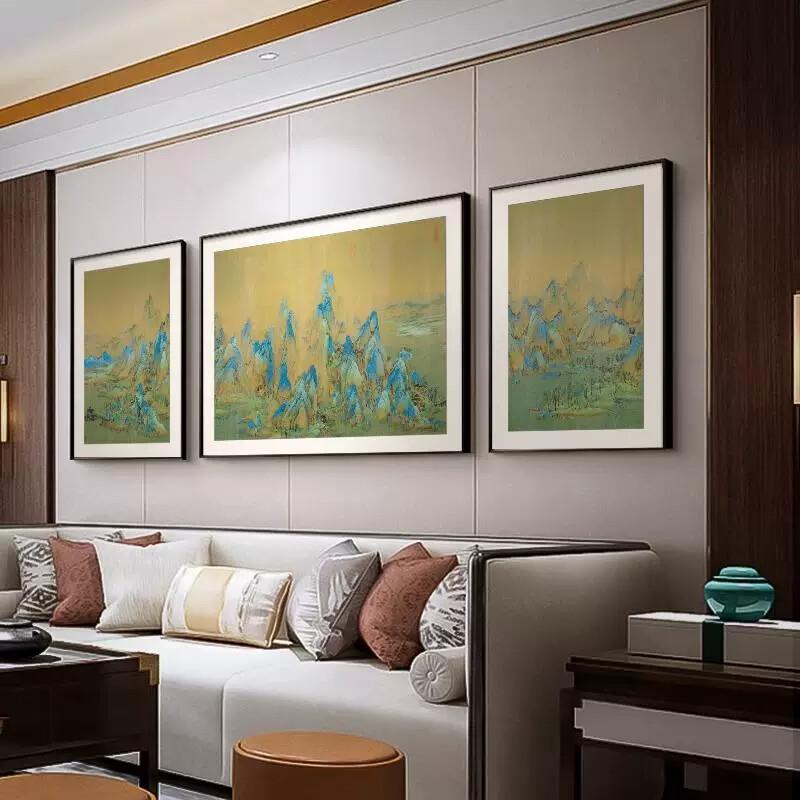 高级感三联画客厅新中式山水风景画装饰画沙发水墨画大气国画挂画