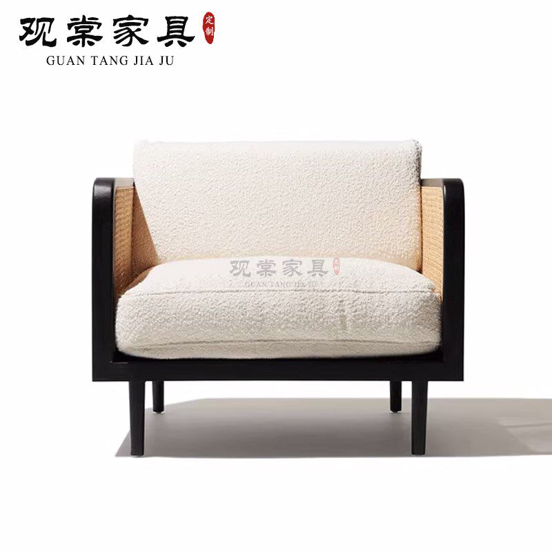 北欧新中式实木沙发布艺藤编三人位创意设计师会所售楼部接待卡座
