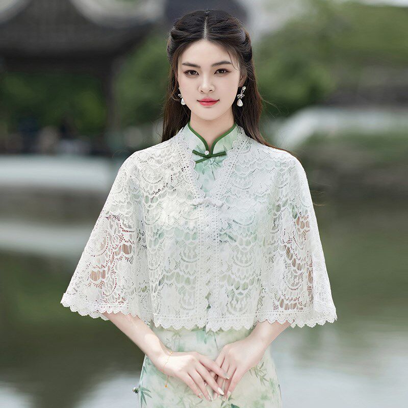 2025新款配旗袍披肩云肩汉服外搭蕾丝花边白色斗篷披风薄年轻款夏