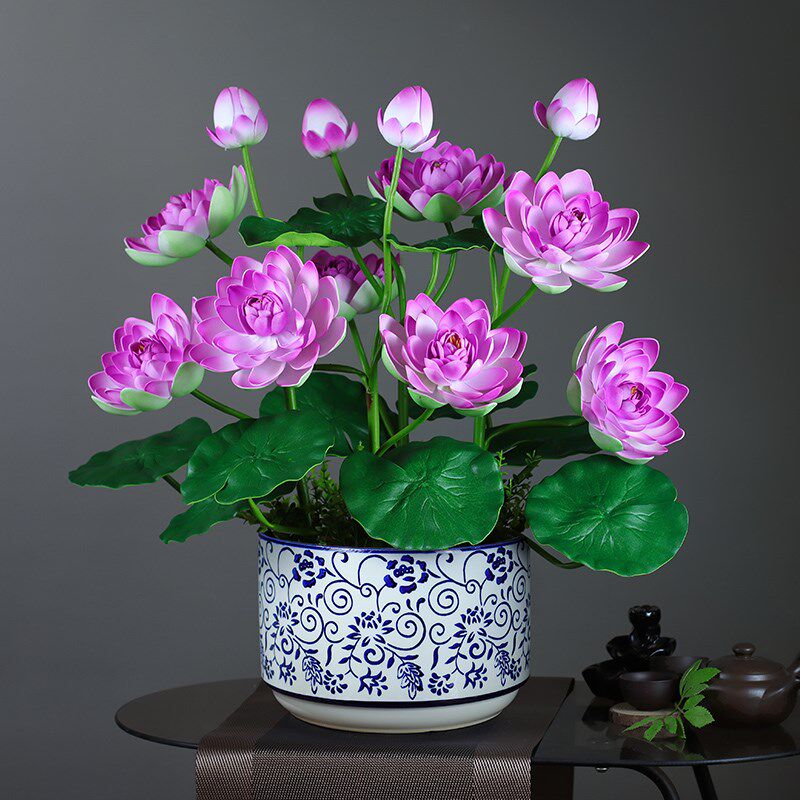 仿真荷花假莲花荷叶佛堂供佛绢花客厅中式花艺插花佛前摆设件盆栽