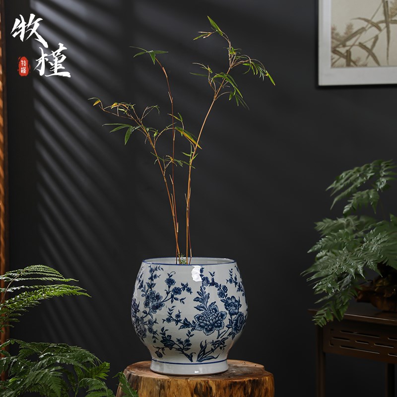 景德镇青花瓷中式复古陶瓷花盆客厅玄关米竹盆栽流泉枫高脚绿植盆