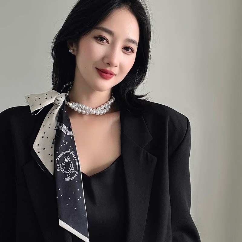 法式复古珍珠项链丝巾女百搭锁骨链丝带装饰发带领巾飘带配饰围巾