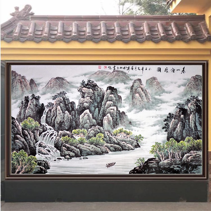 室外照壁大门迎门墙福字瓷砖农村外墙壁画影壁墙山水风景装饰庭院