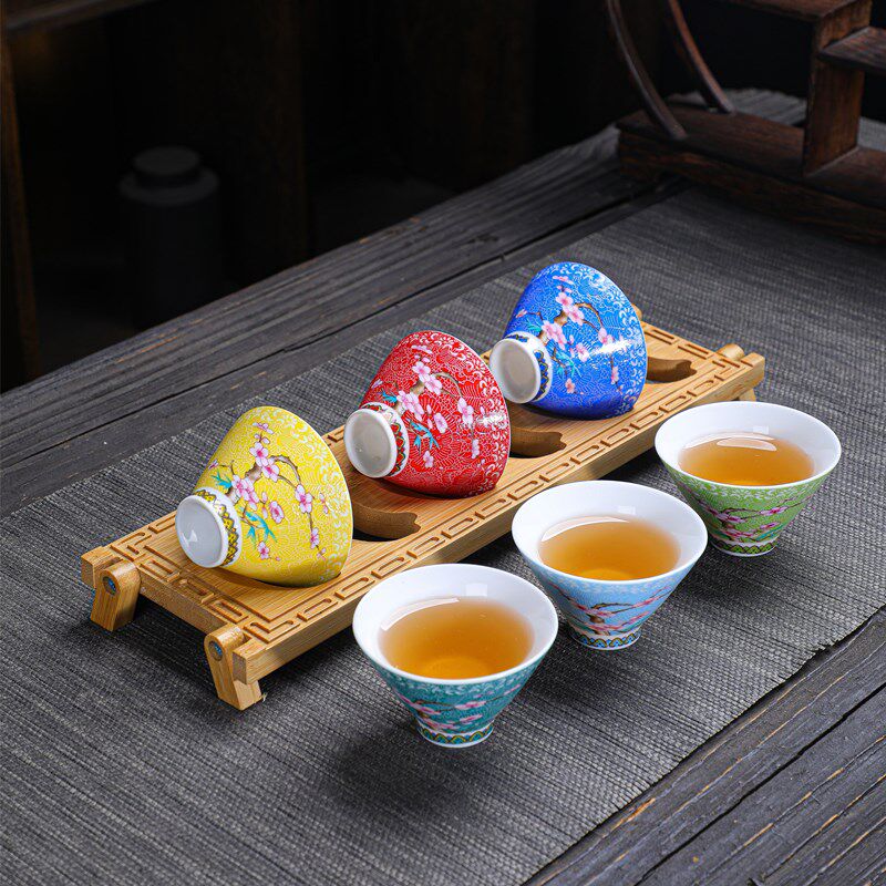 珐琅彩泡茶杯青花功夫陶瓷杯主人杯家用简约品茗杯单杯茶盏斗笠杯