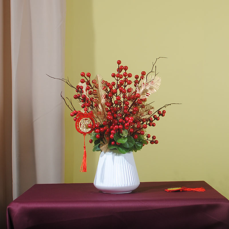 仿真花红果金色叶子装饰花发财果假话花餐桌摆件花茶几人造花浆果