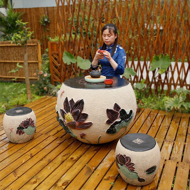 别墅庭院装饰摆件小院子阳台禅意茶桌凳子组合户外荷花茶几套装