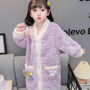 儿童睡衣法兰绒女童睡衣秋冬款长款睡袍珊瑚绒加厚保暖浴袍居家服