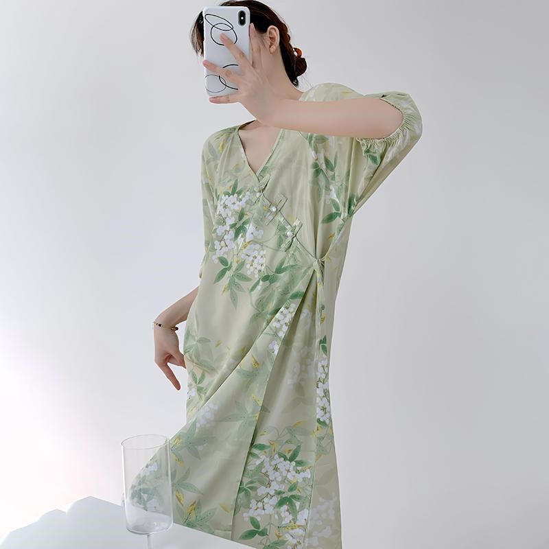 新中式连衣裙睡衣女款2025新款夏季中长款棉绸睡裙家居服裙子