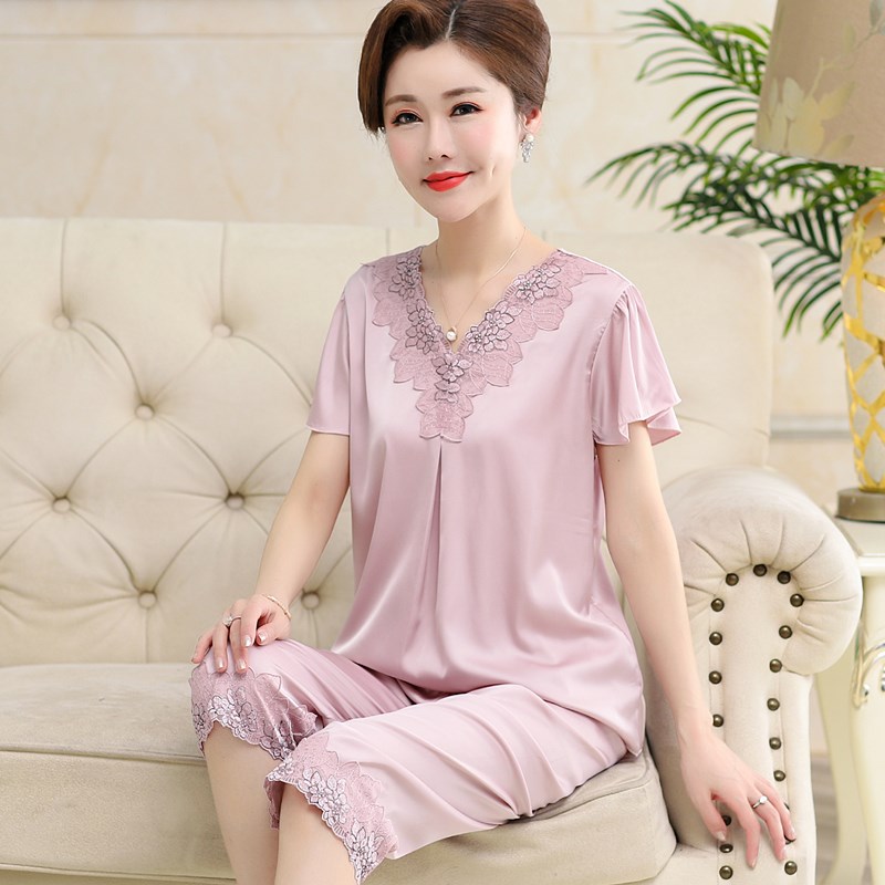 真丝睡衣女夏季短袖薄款中年妈妈中老年人婆婆丝绸冰丝家居服套装