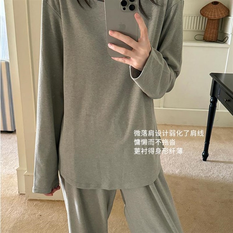 慵懒风睡衣女纯色亲肤简约秋冬新款套装套头长袖宽松家居服两件套