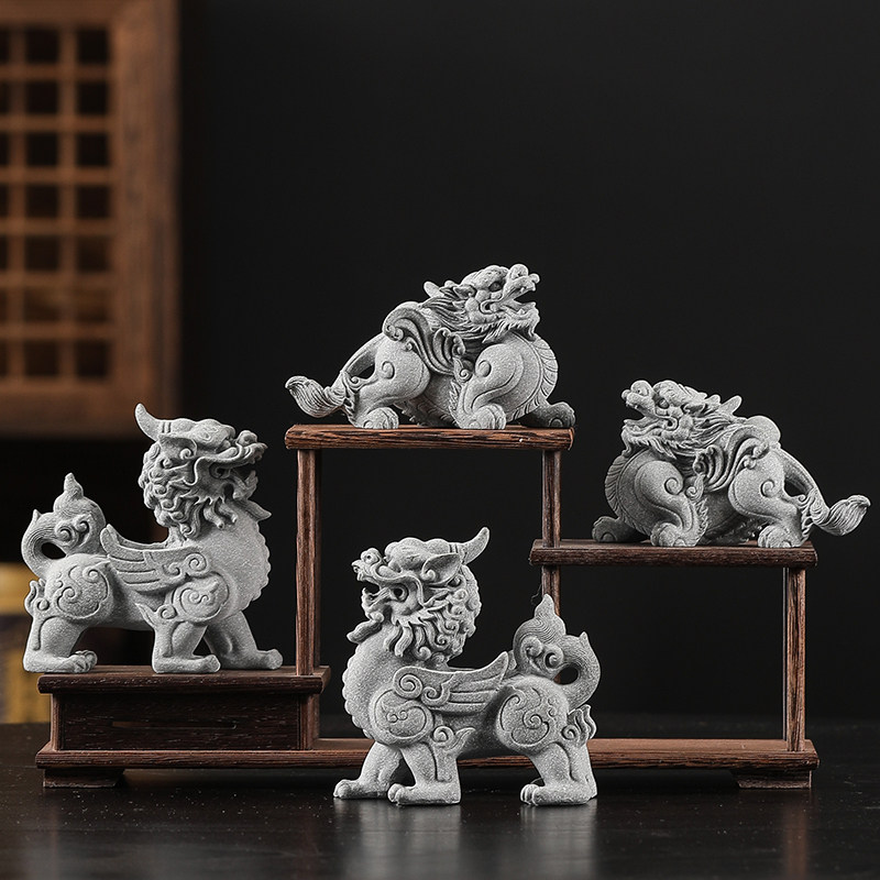 国潮风青砂石瑞兽貔貅麒麟一对客厅玄关茶室茶宠迎财纳福鱼缸造景