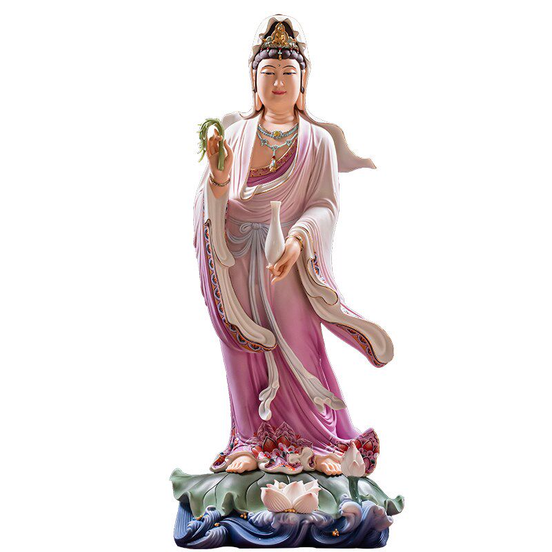 德化陶瓷南海观音菩萨站观音白瓷彩绘观世音菩萨佛像雕塑供奉摆件