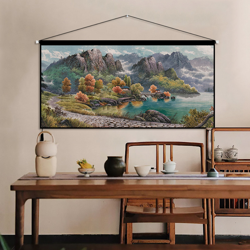 中式迎客松横版山水画挂布沙发背景墙墙布画电表箱客厅挂毯装饰画