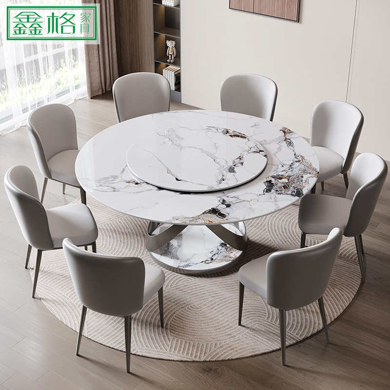 意式极简风岩板餐桌椅组合轻奢简约带转盘吃饭桌子家用圆形电磁炉