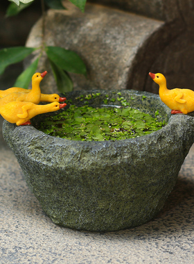铜钱草碗莲水培植物花盆小鸭子摆件创意仿石臼桌面装饰品摆设礼物